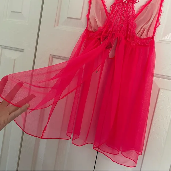 Victoria’s Secret Neon Pink Sheer Lace Babydoll Slip Sz Medium Intimates - Image 11