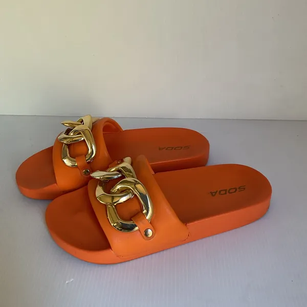 SODA Orange Slide Sandals with Gold Chain Women’s Size 6 - Image 2
