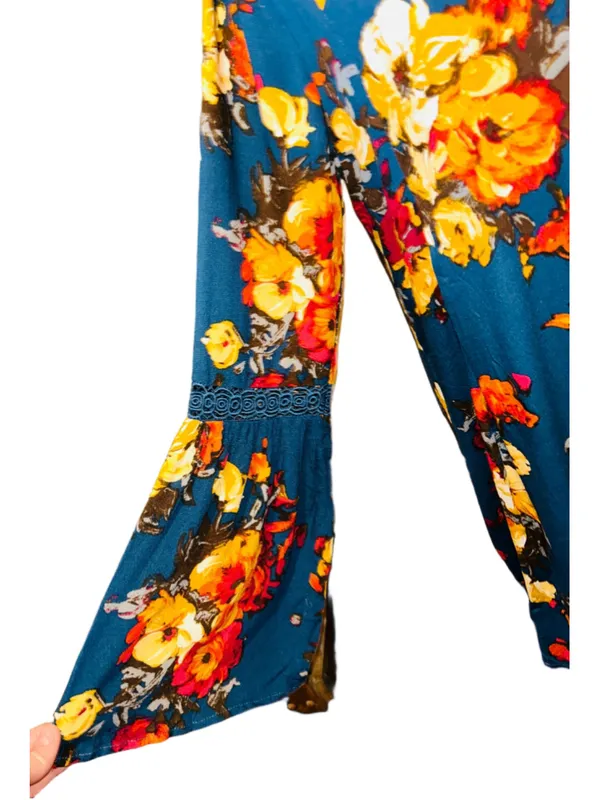 Women's Blu Pepper Floral Long Flutter Sleeve Dress Size M Blue Orange - Image 4
