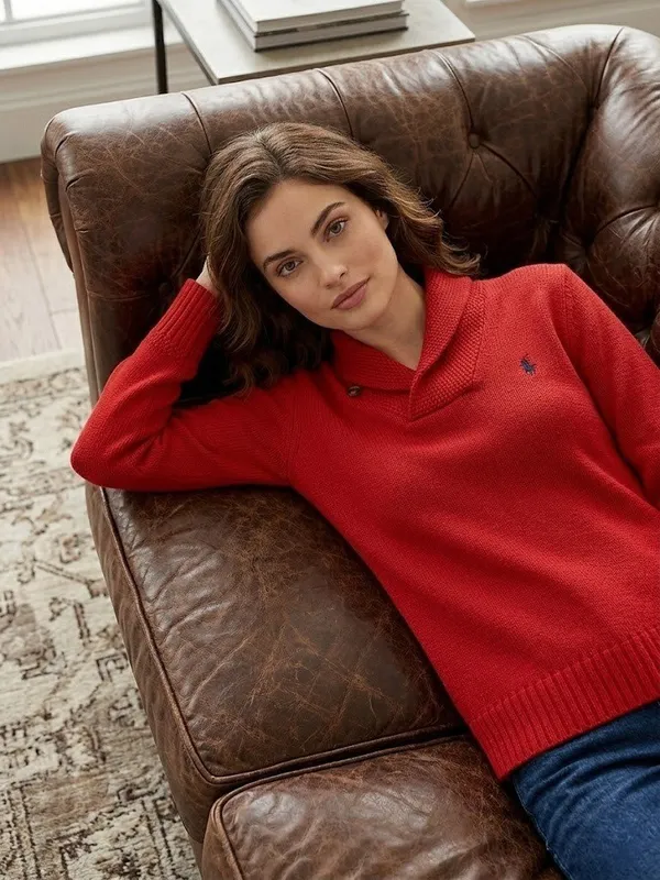 NWT Polo Ralph Lauren Cotton V-neck Shawl Collar Sweater in Fall Red Pullover M - Image 3