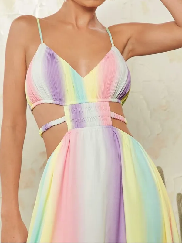NEW Pastel Rainbow Watercolor Ombré Cutout Maxi Dress - Image 4