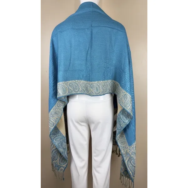 Pashmina Blue Paisley-Patterned Reversible Woven Wrap Fringed Shawl - Image 2