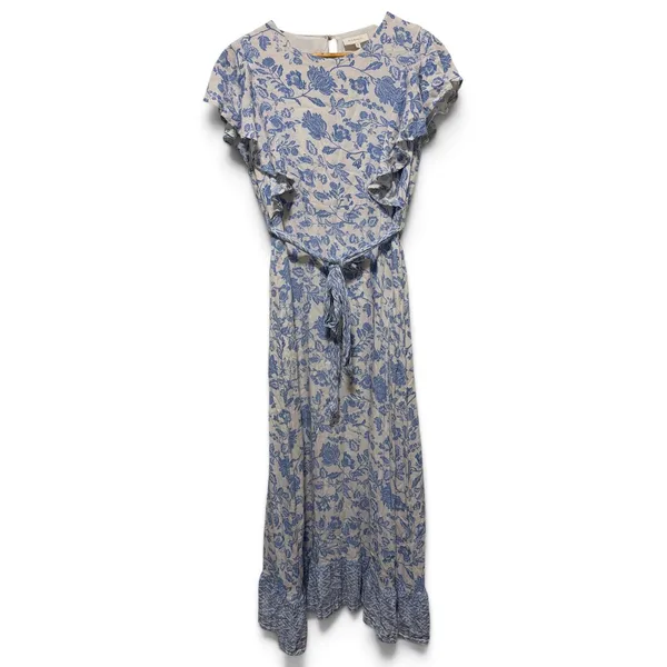 Bohme Blue‎ Floral Toile Ruffle Midi Dress Tie Waist Small - Image 2