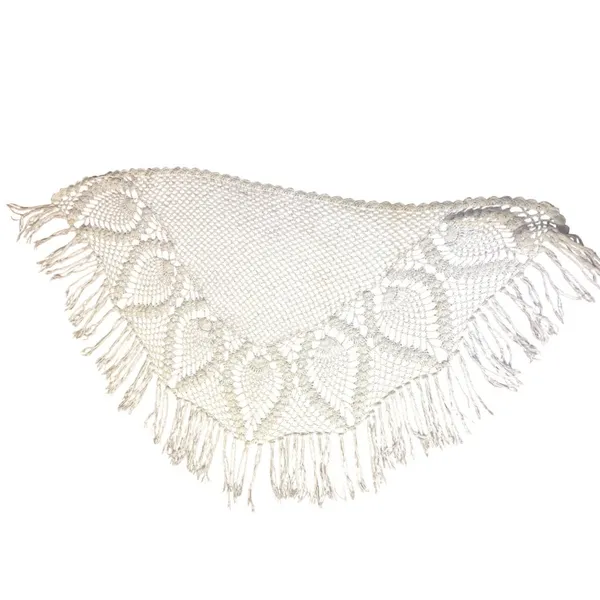 Vintage Pineapple Crochet Shawl Fringe Wrap Ivory Boho Festival One Size - Image 9
