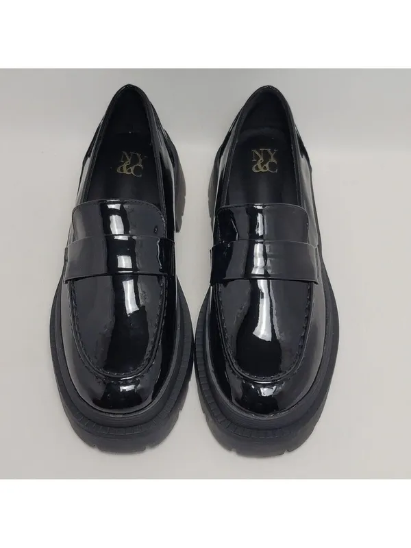 New York & Company Women's Penny Chunky Lug Sole Black Patent Leather Loafers 9 - Image 3