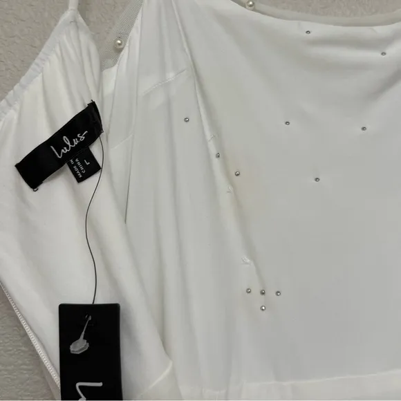 NEW Lulus Toast to Romance White Ruched Pearl Bodycon Midi Dress Sz LARGE - Image 15