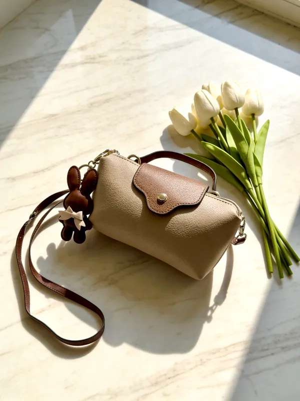 Stella Tan Beige Mini Crossbody Bag w/ Brown Faux Leather Trim & Bunny Charm - Image 2