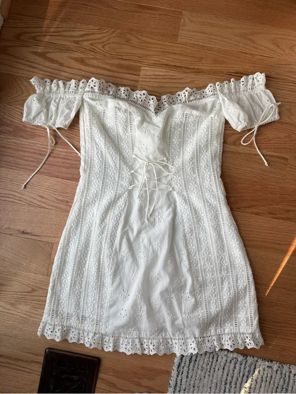For Love & Lemons Anabelle White Eyelet Lace Up Puff Sleeve Mini Dress Size M - Image 2