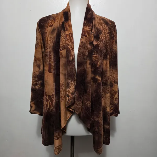 Cato Brown FloralJersey Knit Kimono Cardigan Size Large Earthy Boho Fall Artsy - Image 2
