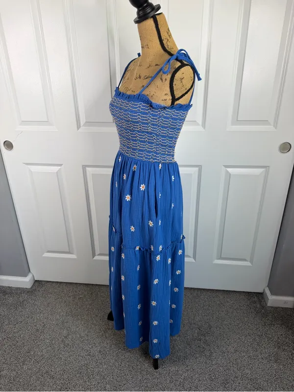 Boutique Sz S Blue Daisy Smocked Tie Strap Tiered Maxi Dress Cottagecore - Image 9
