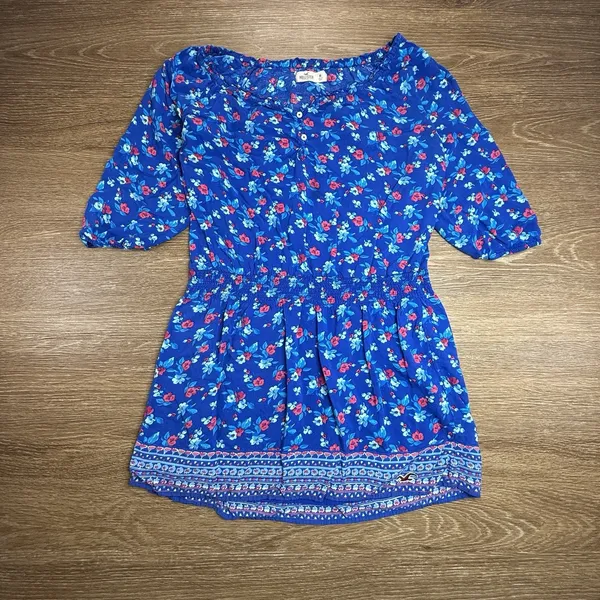 Hollister Blue Floral Peasant Dress Women's M Boho Smocked Waist 3/4 Sleeve - Image 2