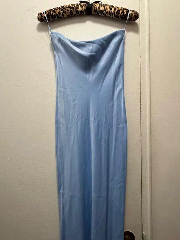 Bershka satin bandeau maxi dress in dusty blue small - Image 10