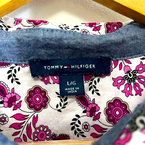 Tommy Hilfiger Women’s Pink Floral Cotton Buttoned Shirt Sz L Cottage Y2K Preppy - Image 8