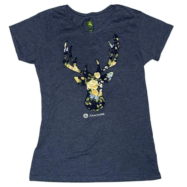 John Deere Women's Graphic Tee Deer Floral Print Blue Gray Short Sleeve Large - Image 2