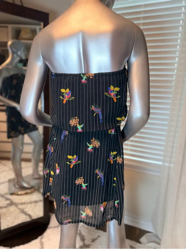 O'Neill Medium Strapless Tropical Bird Print Dress Black Pinstripe Boho Summer - Image 6