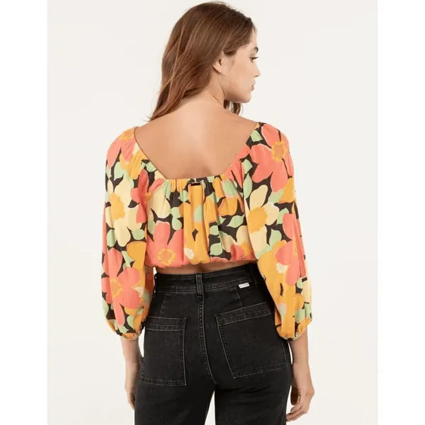 Billabong Yellow Orange Pink Floral Sun City Puff‎ Sleeve Crop Blouse Large - Image 9