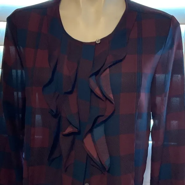 Ann Taylor Burgundy and Navy Checkered Button Down Shirt - Image 2