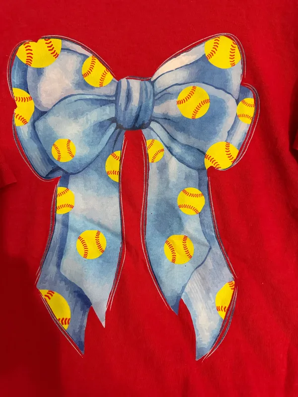 Comfort Colors Red Short Sleeve Tee with Blue Bow & Yellow Softball Print - Image 2