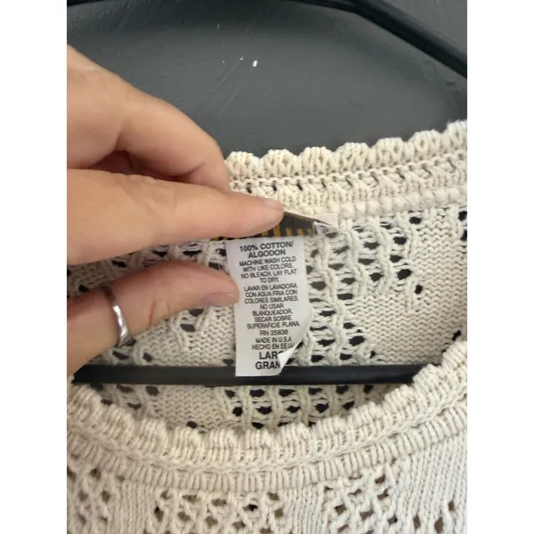 Yarnworks Vintage 90s Large Cream Cotton Open Knit Diamond Pointelle Sweater USA - Image 4