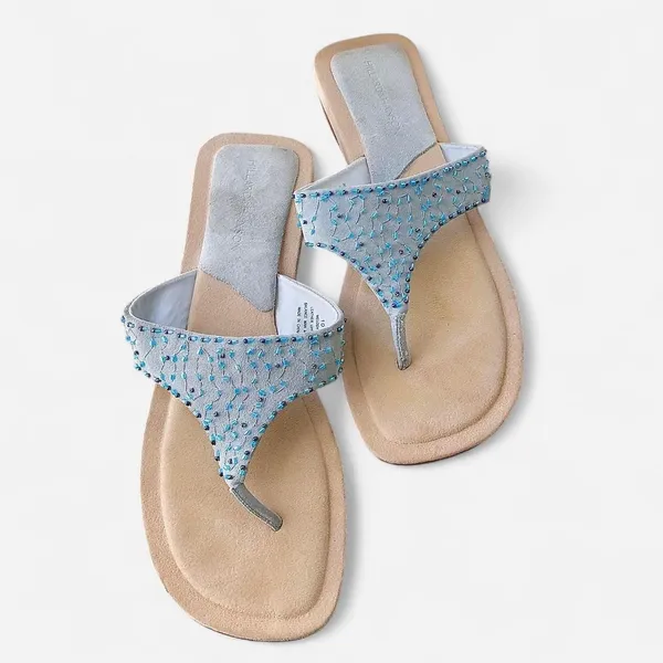 Y2K Fairy Mermaid Boho Hillard & Hanson beaded thong sandals slippers flats open peep toe Genuine Leather Sz 10 - Image 2
