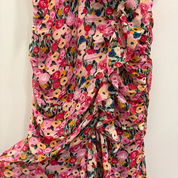 ASTR The Label Vilma Floral Ruched Ruffle Midi Dress‎ Pink Multi Large Preppy - Image 6