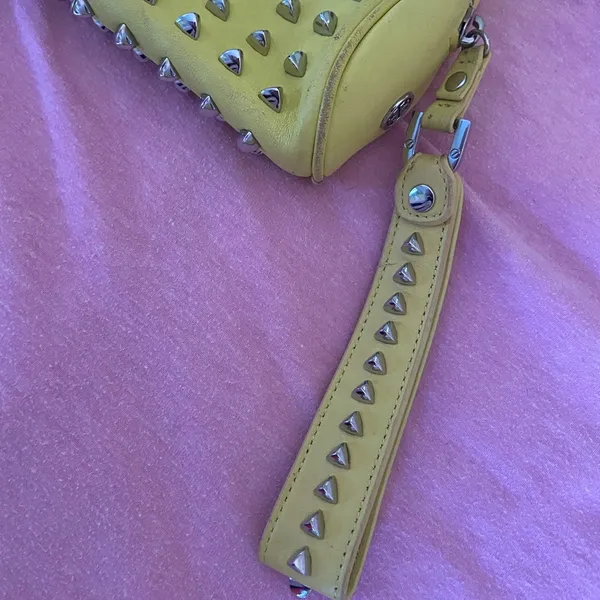 Tory Burch bag silver Studded green neonish leather with handle - Image 8