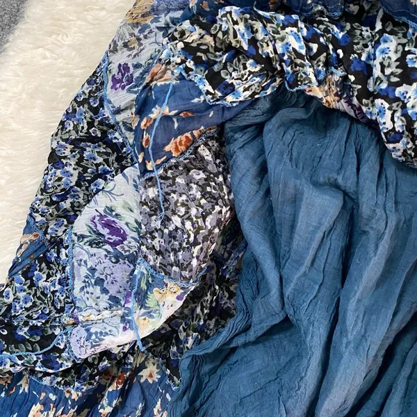 Sostanza Blue Floral Maxi Skirt Lined Stripe Patch 100% Cotton Boho Chic Casual - Image 8