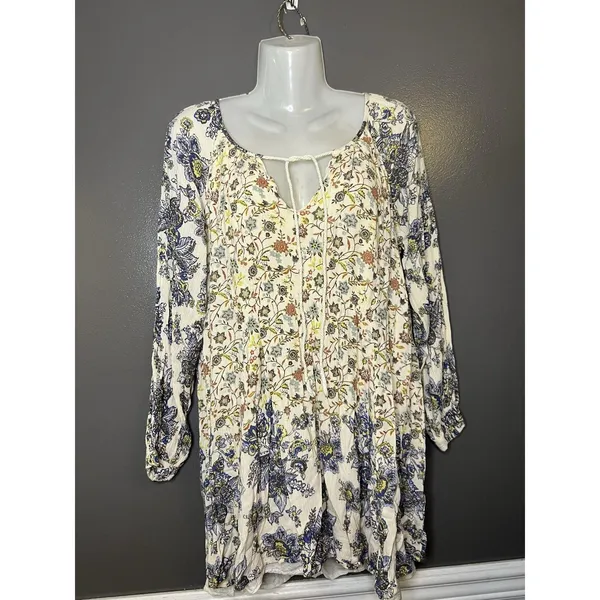 Free People Dress Womens Medium Multicolor Floral Long Sleeve Boho Shift Short - Image 2
