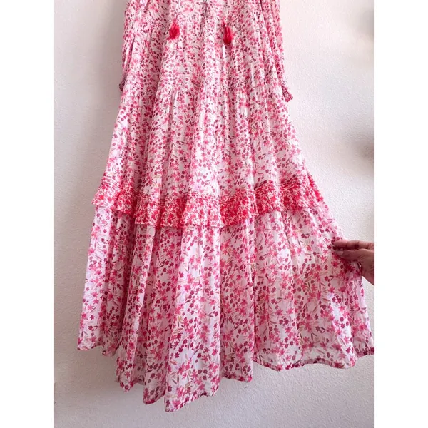 Anthropologie Marais Printed Chiffon Floral Maxi Dress Pink Boho Tassel S - Image 5