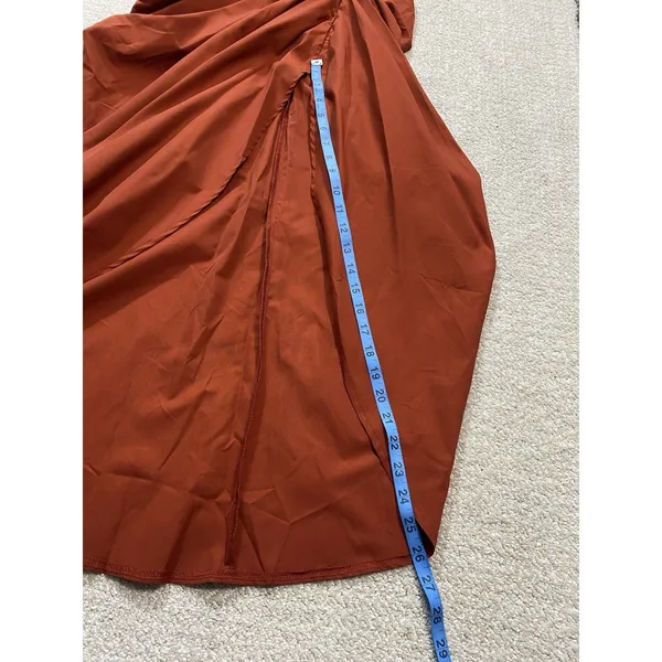PRETTYLITTLETHING Rust Satin Strapless Ruched Side Slit Midi Dress Size 6 - Image 16