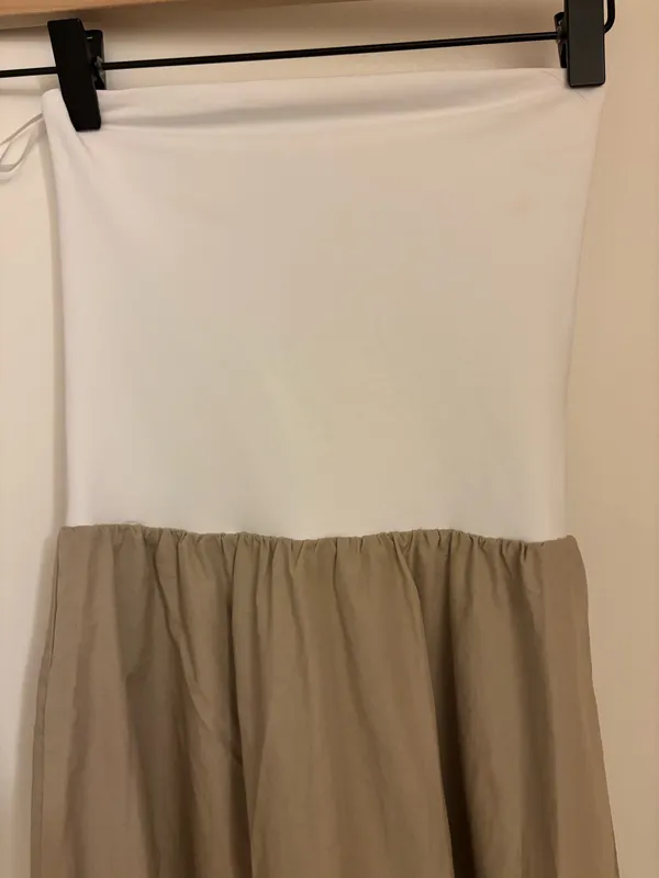 Aritzia Babaton Fluid Poplin Dress 2XS Cola Taupe Bright White Strapless Midi - Image 2