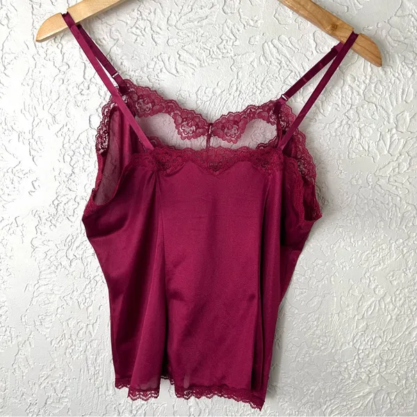 Vintage 80’s Bari Silky Nylon Lace Burgundy Camisole Size M - Image 10