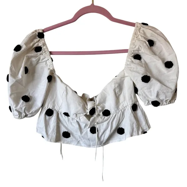 For Love & Lemons White Black Polka Dot Crop Blouse Womens S Puff Sleeve Top - Image 2