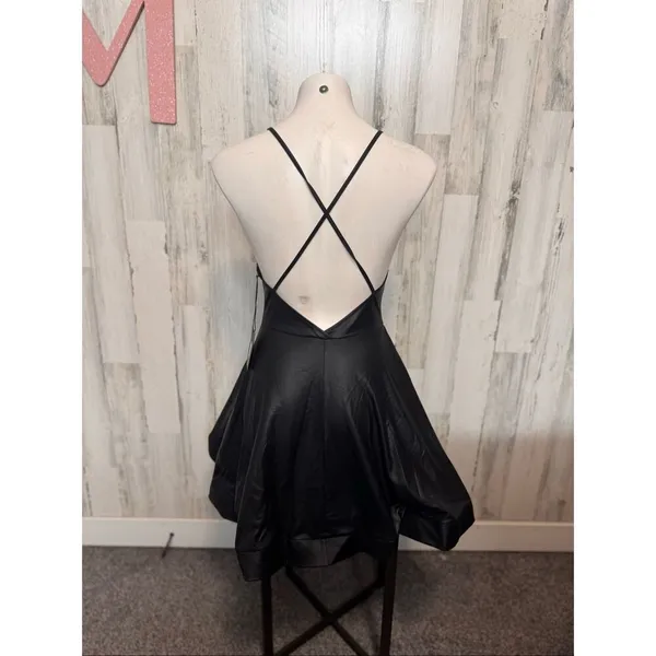 Eta Faux Leather Mini Dress Womens Medium Black Strappy Back Bubble Hem NWT - Image 4