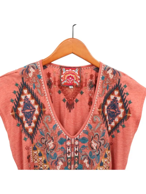 Johnny Was Embroidered Terracotta Cap Sleeve V-Neck Tee Shirt Top S - Image 3