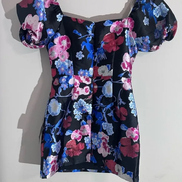 Lulus Black Floral Puff Sleeve Square‎ Neck Mini Dress Women's Size M - Image 4