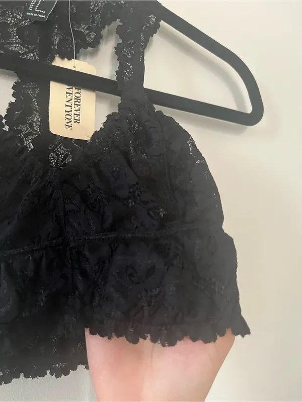 Forever 21 Black Floral Lace Halter Bralette Small Racerback Sheer Dainty - Image 3