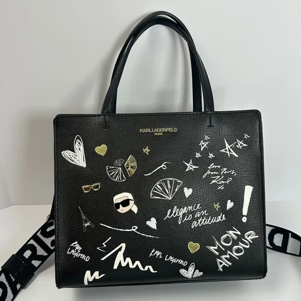 Karl Lagerfeld Paris Black Leather Graffiti Tote Bag‎ Crossbody Strap - Image 2