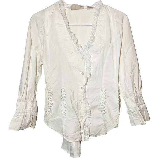 Scully Button Up Shirt Bell Sleeve Lace Trim Collarless Cinch Back White Medium - Image 2