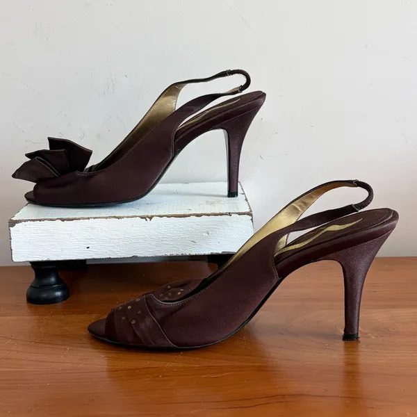 Nina Brown Satin‎ Peep Toe Slingback Heels Bow Rhinestone Stiletto Size 7.5M - Image 2