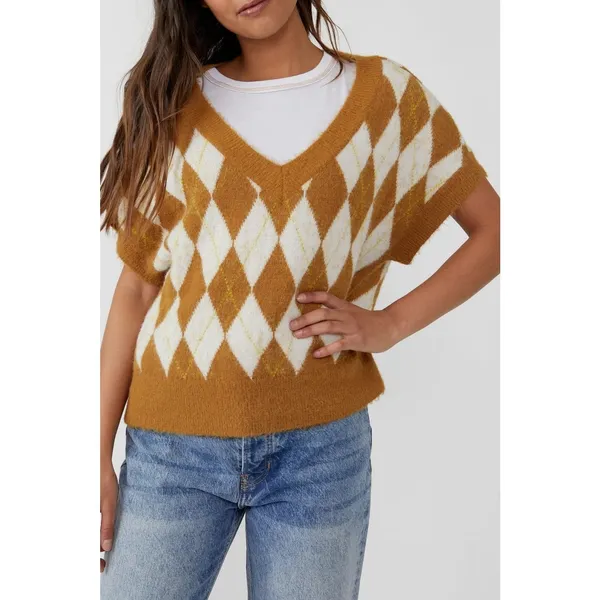 Free People Sweater Vest Women's Through the Motion Argyle Boxy Tan Cream Medium - Image 13