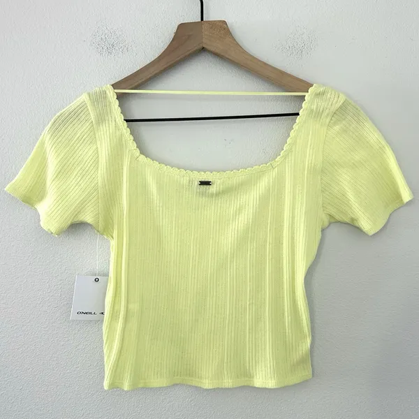 NWT O'Neill 100% Cotton Lemon Yellow Crop Top Sz S Scalloped Hem Square Neck - Image 9