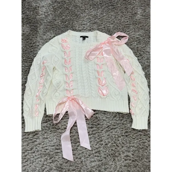 Women’s Ivory Chunky Cable Knit Sweater Pink Ribbon Bow Oversized Himekaji L - Image 3