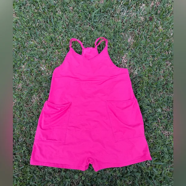 Hot Pink Harem Romper Pocket Slouchy Lounge Romper Adjustable Straps Size S - Image 3