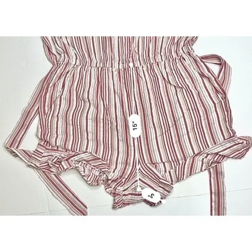 Loft Candy Stripe Romper LARGE Ruffled Sleeves Boat Neck Red Pink Tan - Image 7