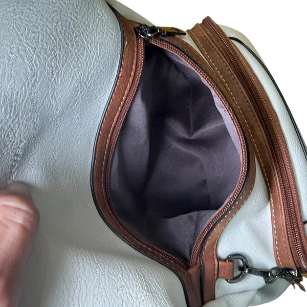 Convertible Backpack Shoulder Bag‎ Satchel Purse White Brown Vegan Leather - Image 10