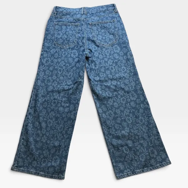Good American Good Waist Palazzo Crop Floral Denim Wide Leg Jeans Blue 10/30 - Image 7