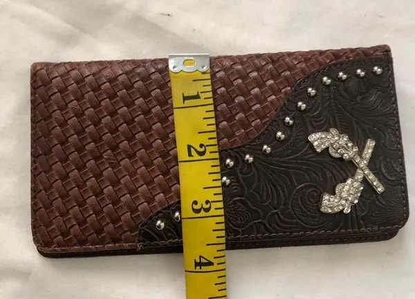 Unique Western boho Brown black woven leather wallet silver studs - Image 6