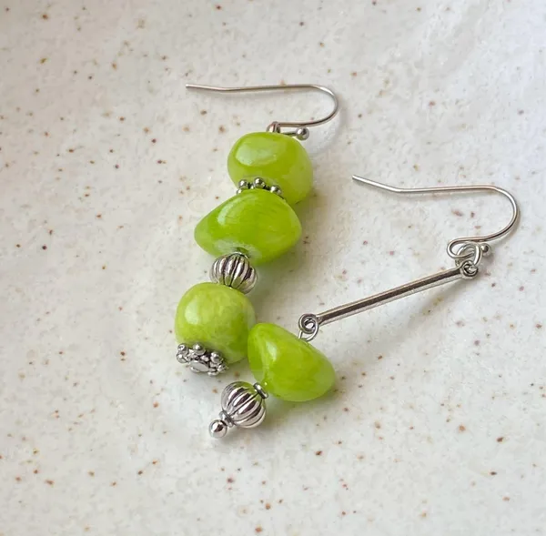 Handmade green Jade stone unique shape asymmetric dangle earrings ✨ - Image 7