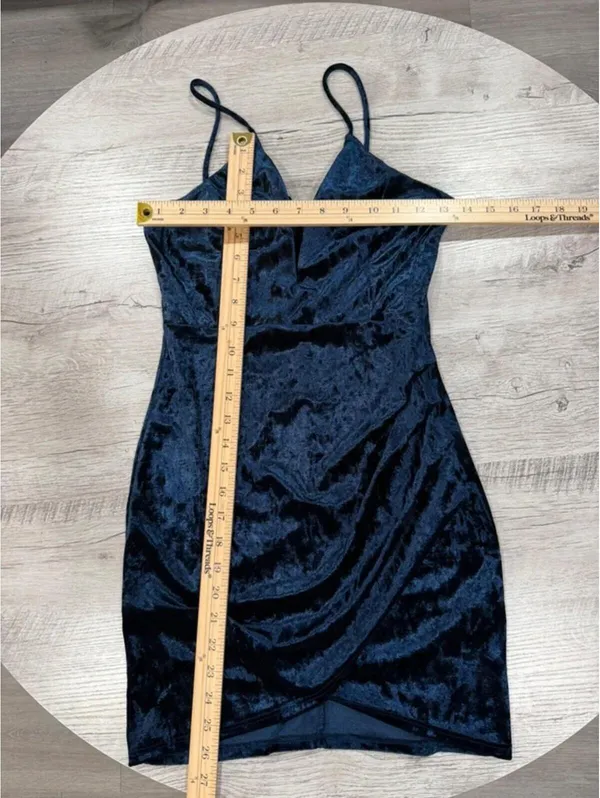 Windsor Navy Blue Velvet Bodycon Dress Ruched Wrap Mini Spaghetti Strap Deep V Cocktail - Image 7
